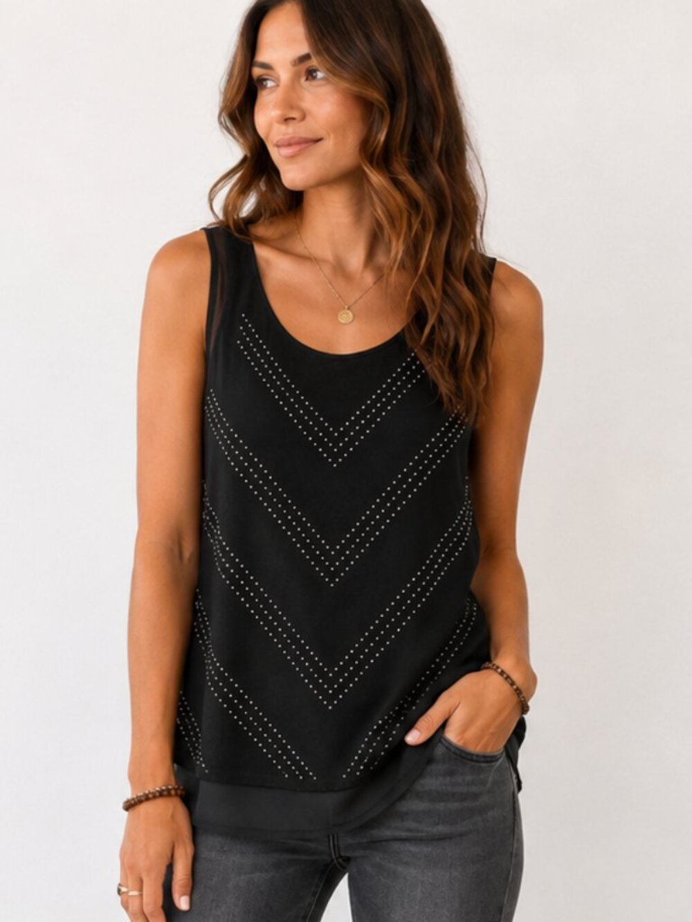 APT. 9 Black Studded Chevron Knit Tank Top Layered Chiffon Hem Sz PL EUC